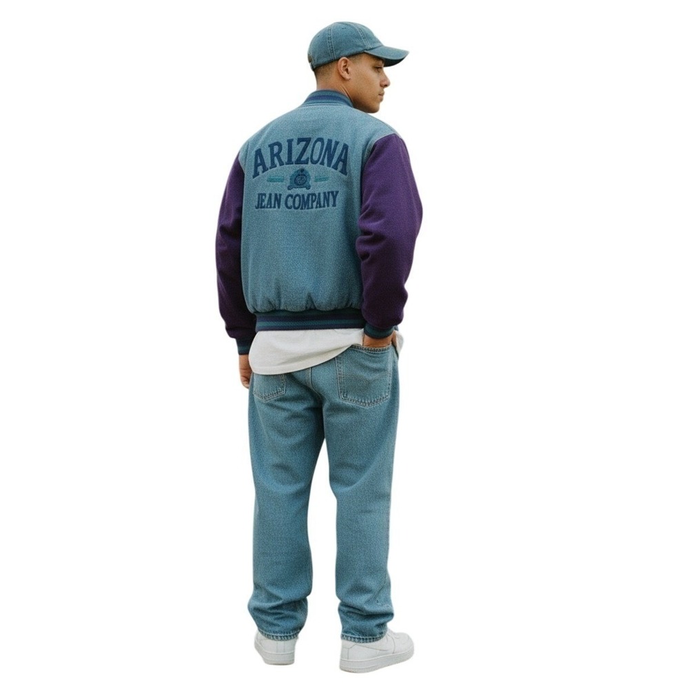 Vintage 90s Arizona Jean Company Denim Suede Bomber Jacket Purple Teal Medium‎ - Picture 7 of 13